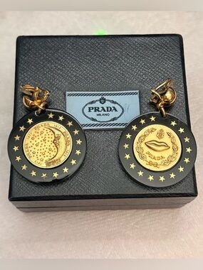 Vintage Prada Black and Gold Medallion Clip-On Earrings